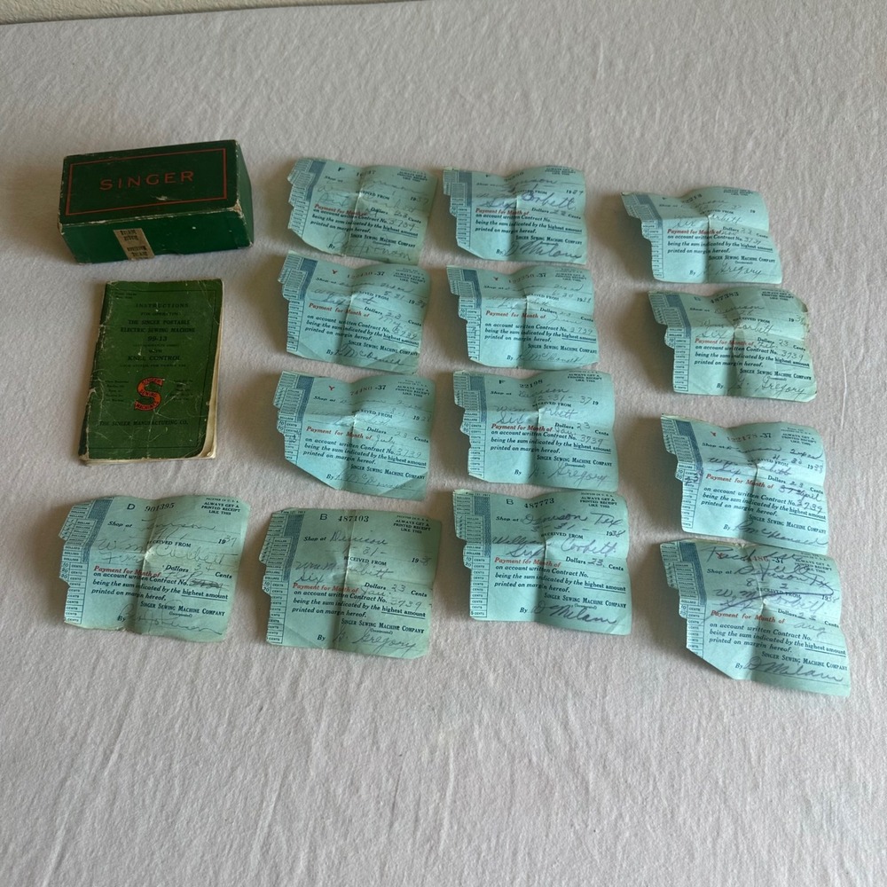 Vintage Singer 99-13 Sewing Machine Manual Box and 1930s Receipts Ephemera Lot